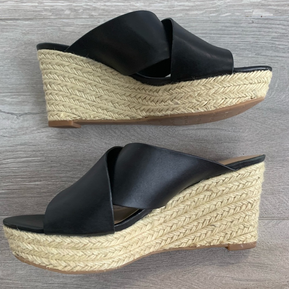Via Spiga Black Leather Espadrille Sandal Wedges 8M - Picture 4 of 11